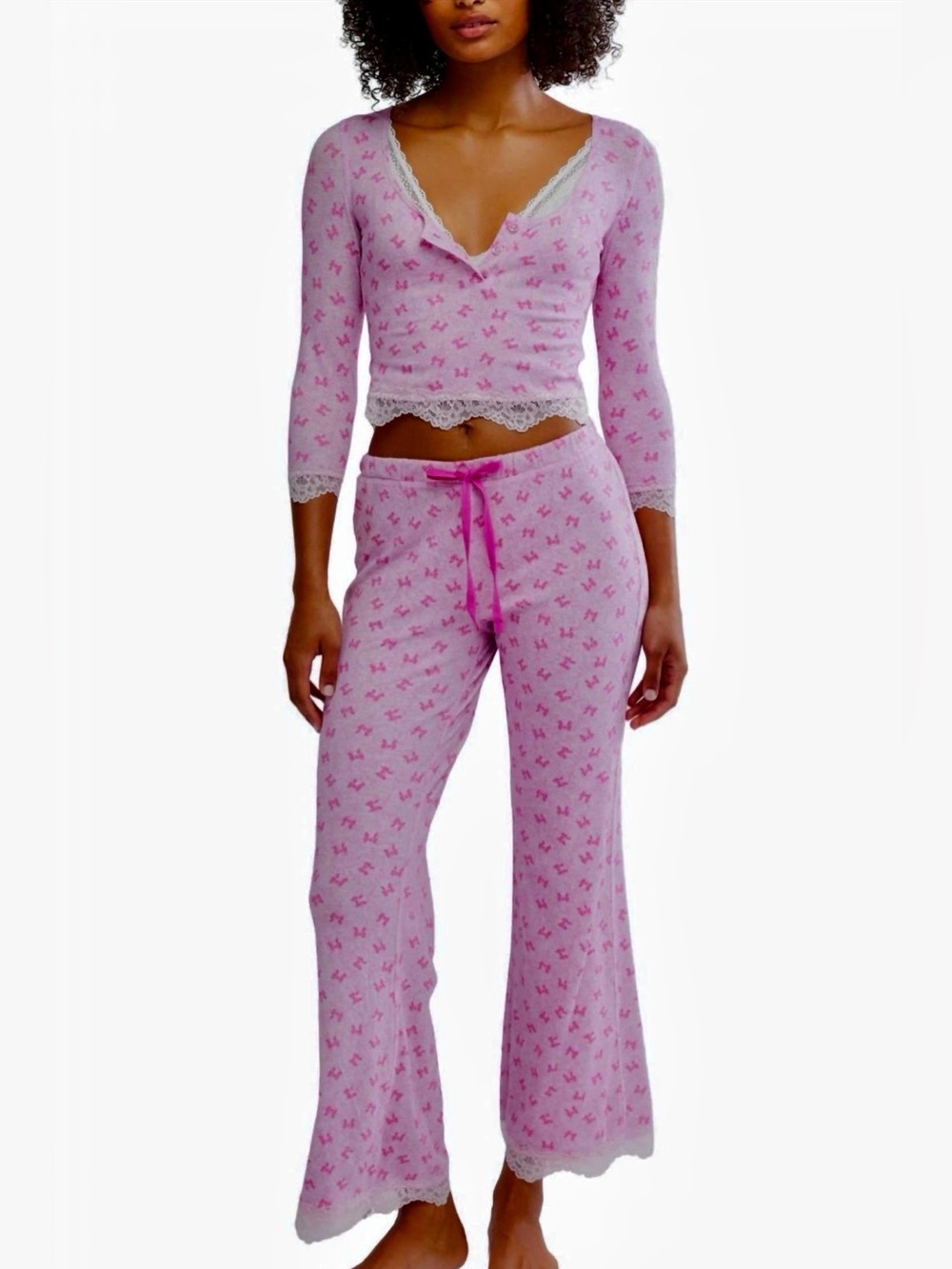 Free People Pink Lace-Trim Henley Pajama Set